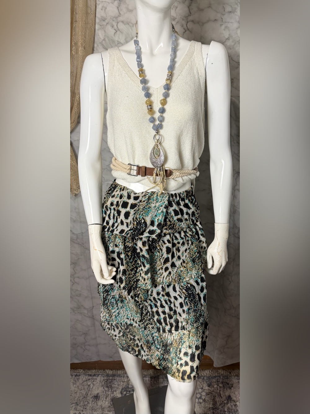 Tiered Y2K Leopard Aqua Earthy Summer Elastic Skirt Versatile L Animal Print